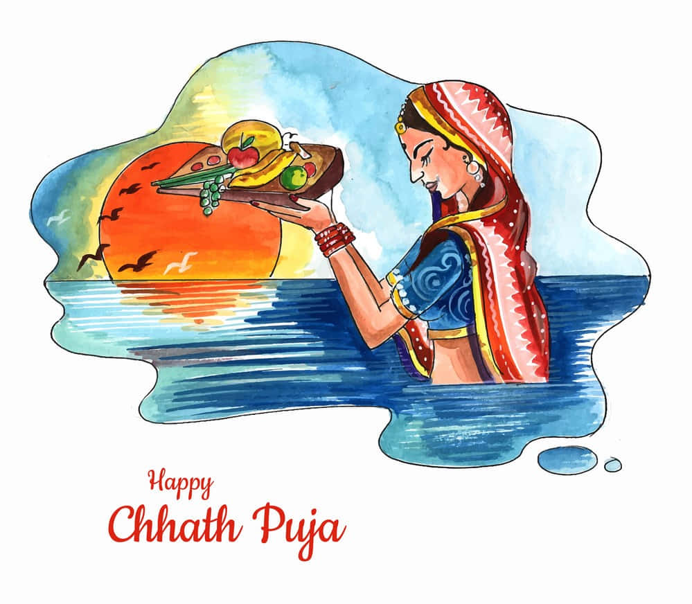Happy Chhath Piyo With A Woman Holding A Plate