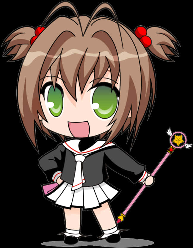 Chibi Anime Girlwith Magical Wand PNG