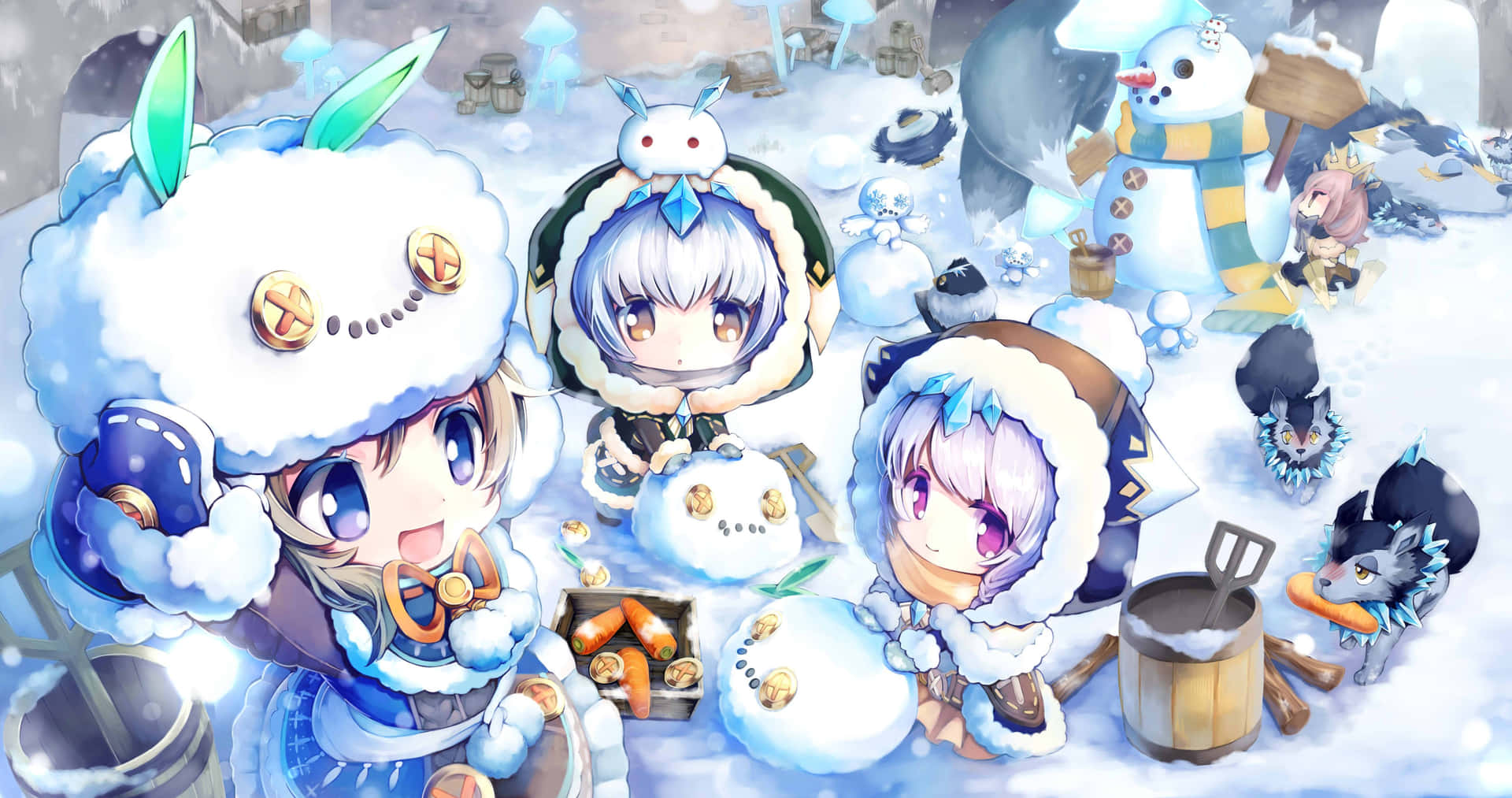A Group Of Anime Characters In The Snow
