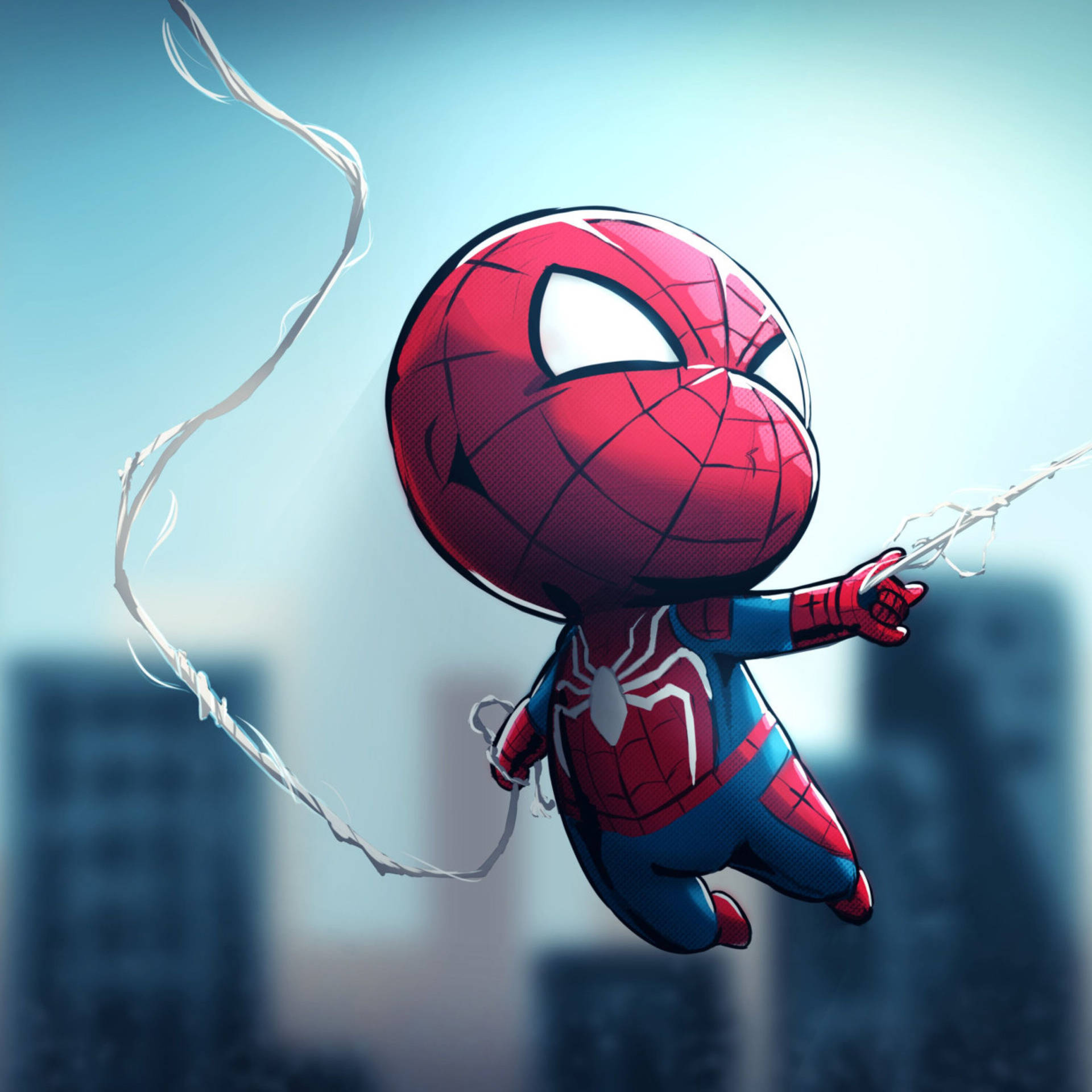 Chibi Spiderman balloon with big head and chubby tummy holding on his spider web super powers while hanging on it.