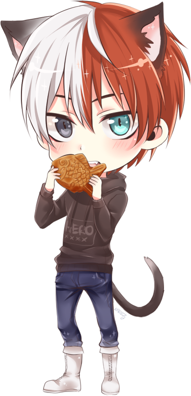 Chibi Cat Boy Eating Fish Cookie PNG