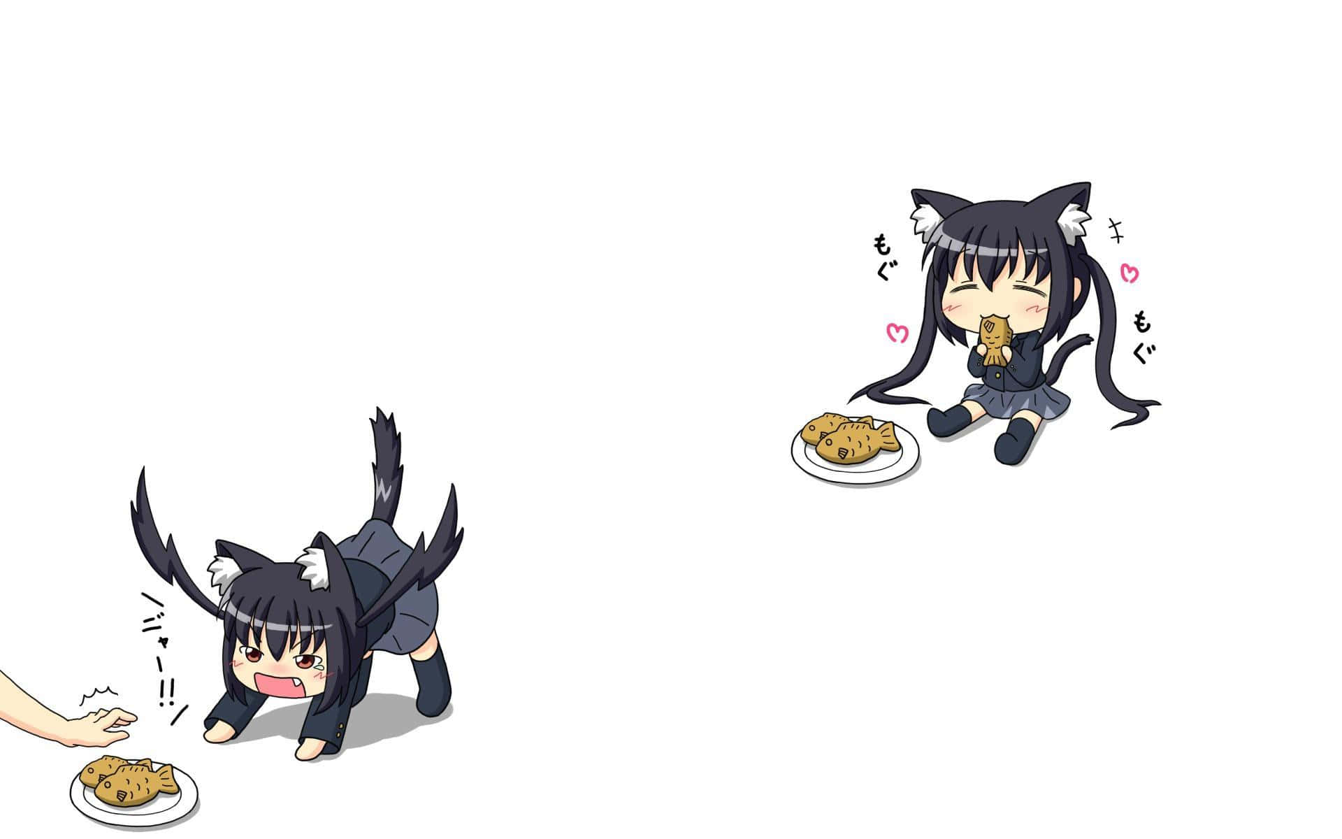 Chibi Catgirl Reactsto Cookies Wallpaper