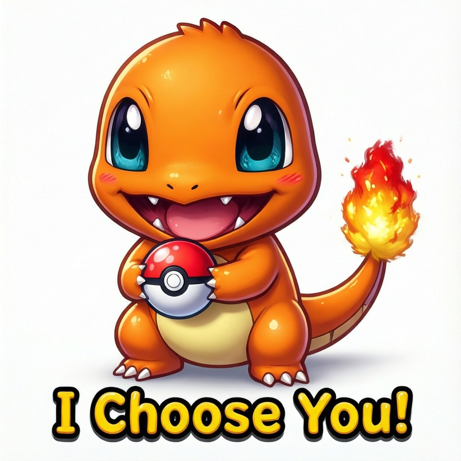 En chibi Charmander med sitatet 'I Choose You!'