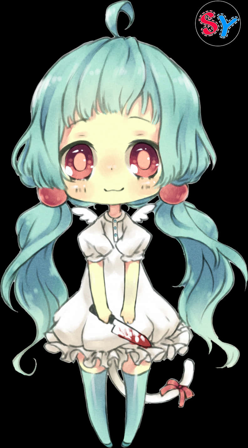 Chibi Girlwith Aqua Hairand White Dress PNG