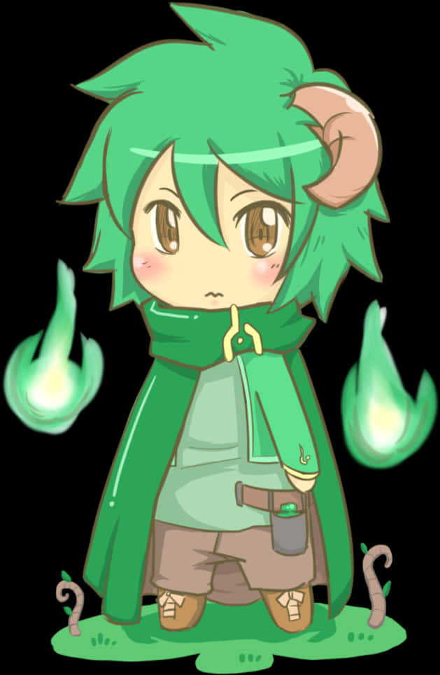 Chibi Green Magewith Flames PNG