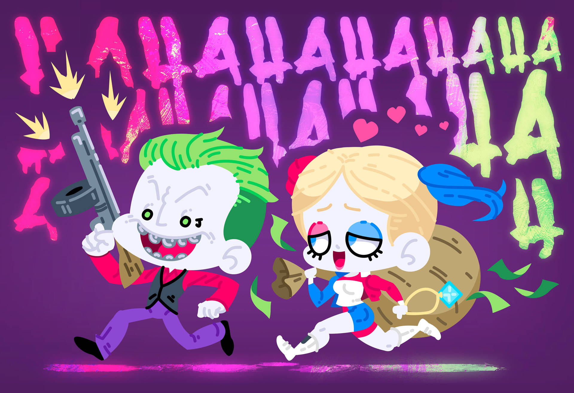 Chibi Joker And Harley Quinn Running Wallpaper