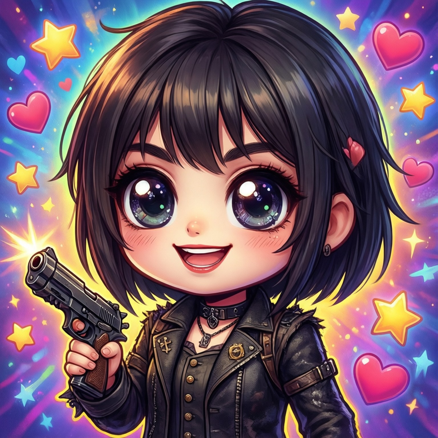 Cute chibi version of Milly Thompson with a tiny cross gun.