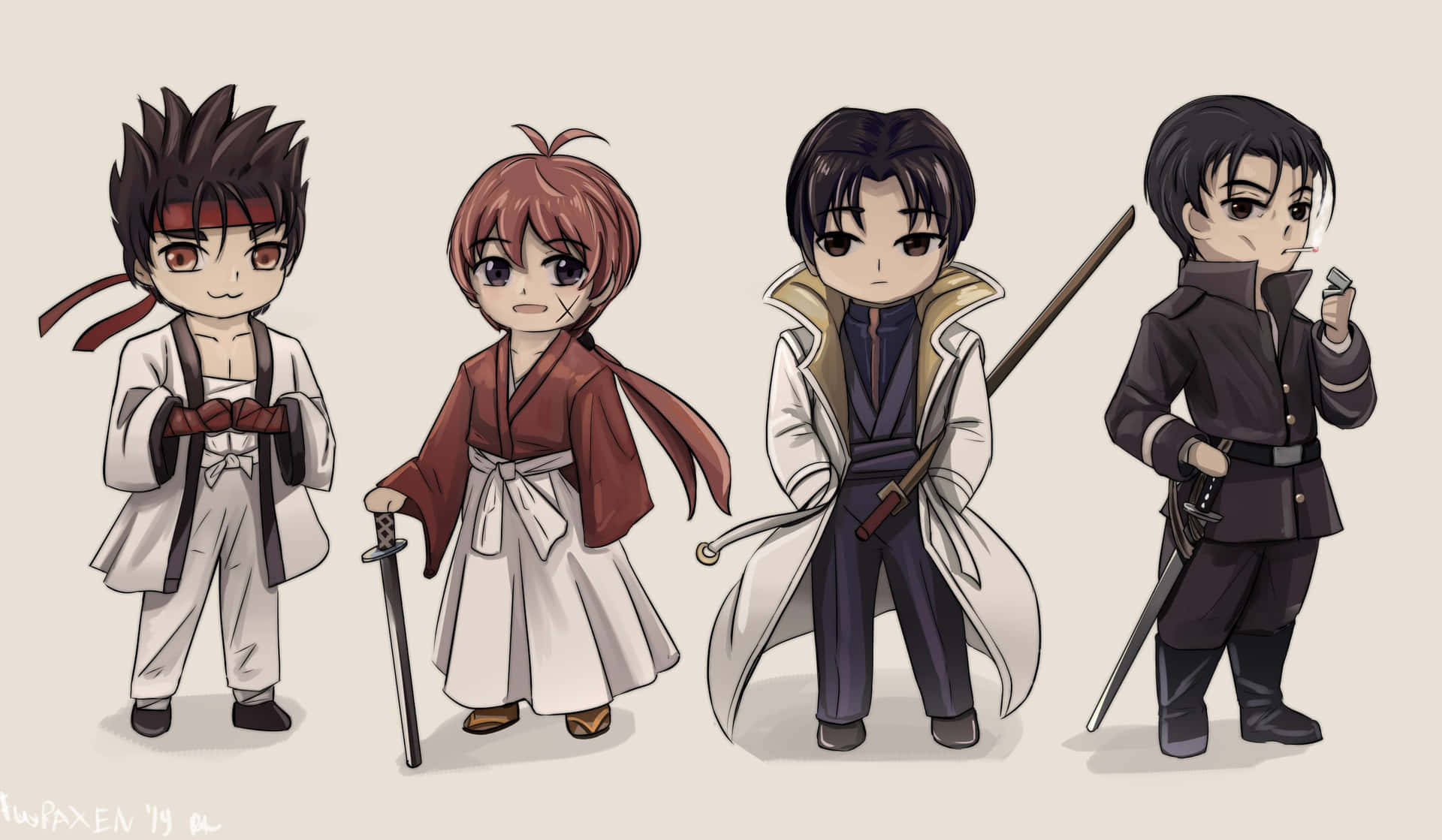 Chibi Rurouni Kenshin Karakterer Bakgrunnsbildet