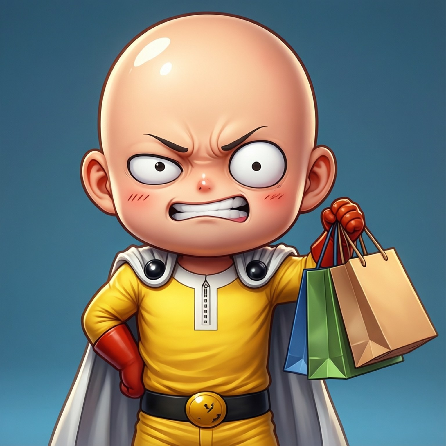 Chibi Saitama Spaß Hintergrundbilder — Chibi Saitama mit lustigem Gesichtsausdruck und Einkaufstasche.