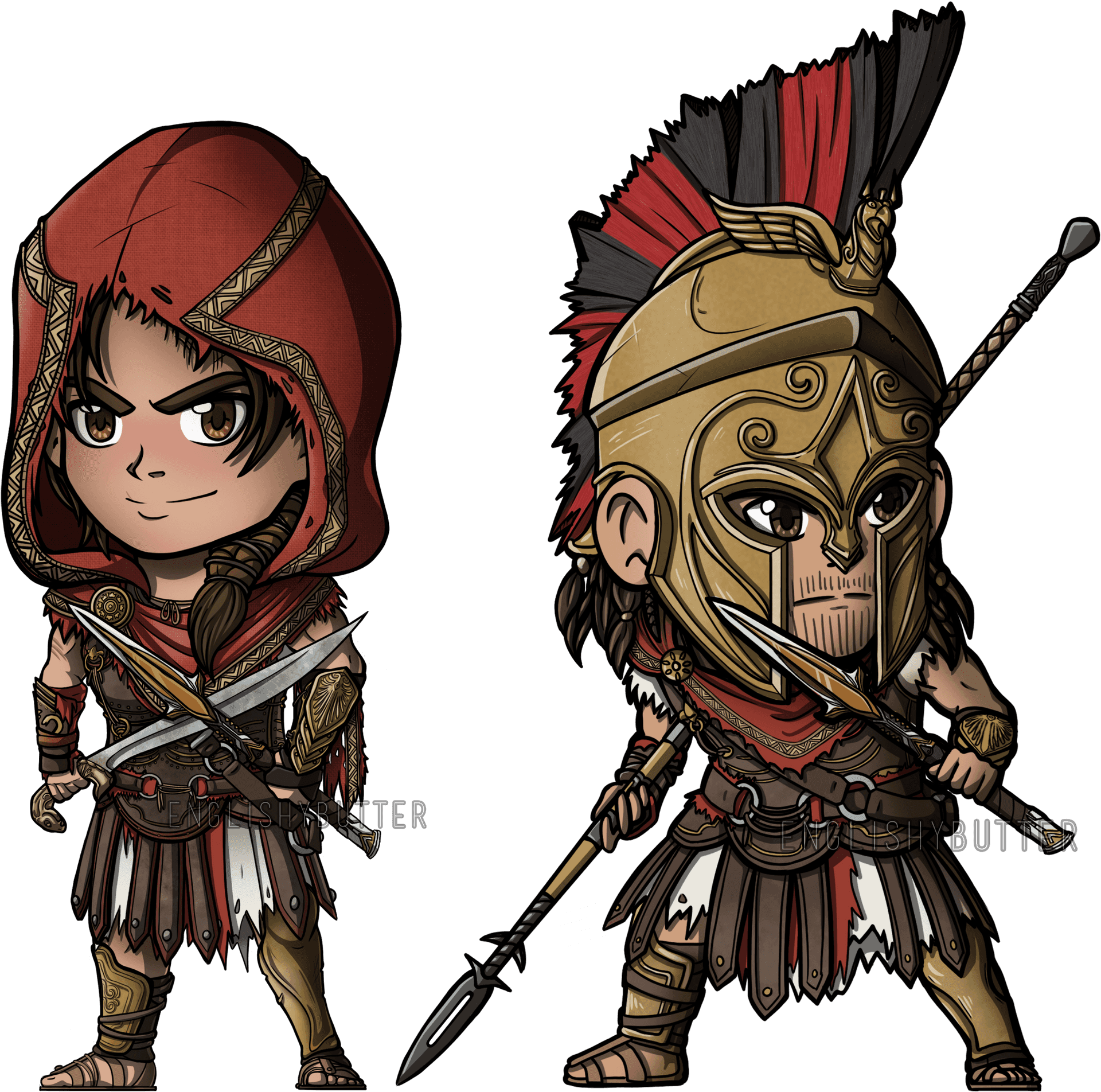 Chibi_ Assassin_and_ Aztec_ Warrior_ Illustration PNG