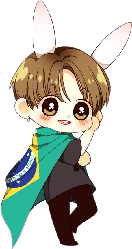 Chibi_ Jungkook_with_ Bunny_ Ears_and_ Brazil_ Flag PNG