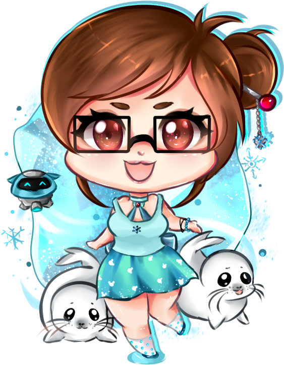 Chibi_ Mei_ Overwatch_with_ Robotic_ Companion_and_ Seals PNG