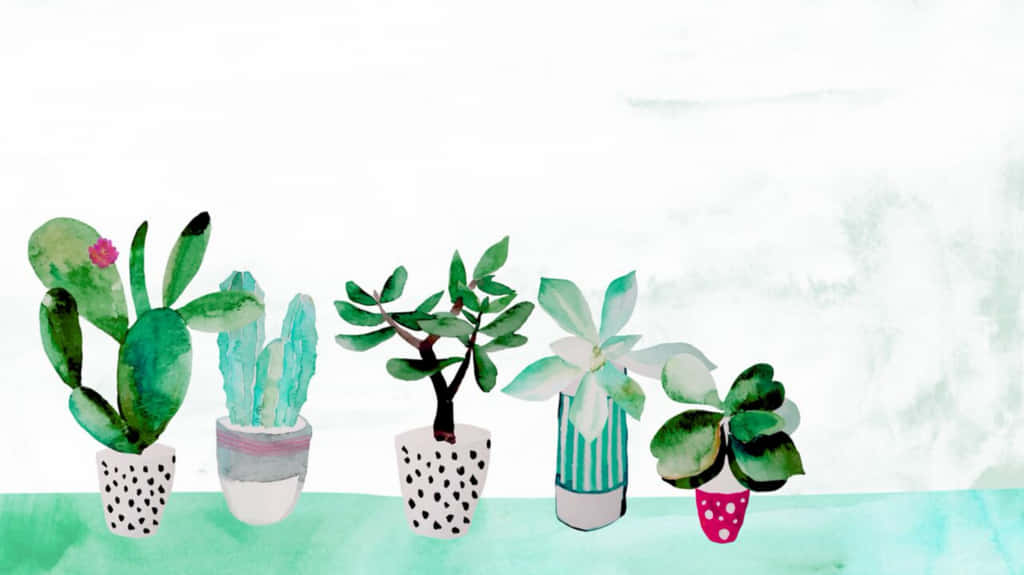A Watercolor Painting Of Cactus Plants In Pots Wallpaper