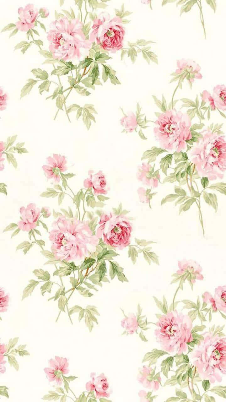 A Pink Floral Wallpaper With Green Leaves Wallpaper