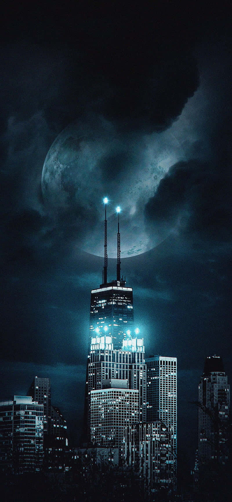 A City With A Moon And A Cityscape Wallpaper