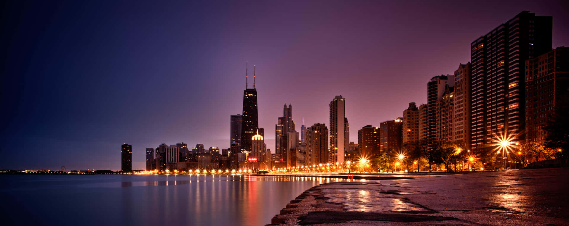 Chicago City Night By The Waterfront Wallpaper
