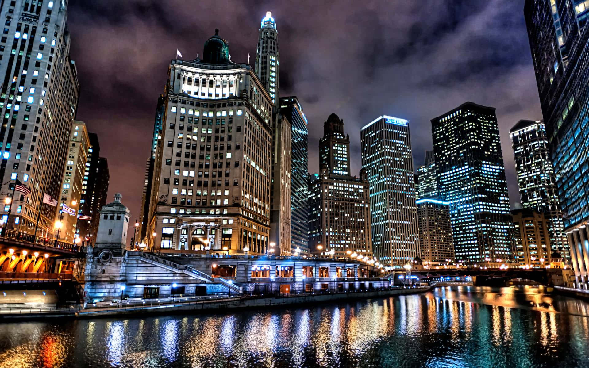 Chicago City Night By The River Wallpaper