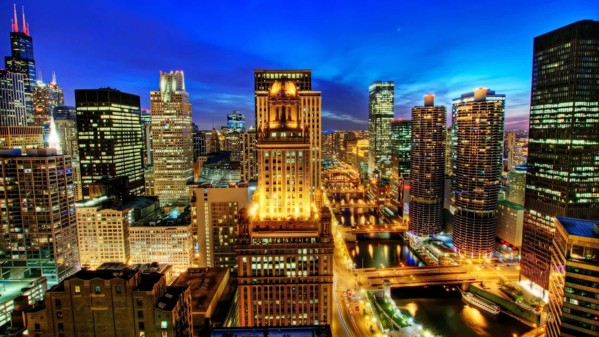 Chicago City Night With Bright Lights Wallpaper