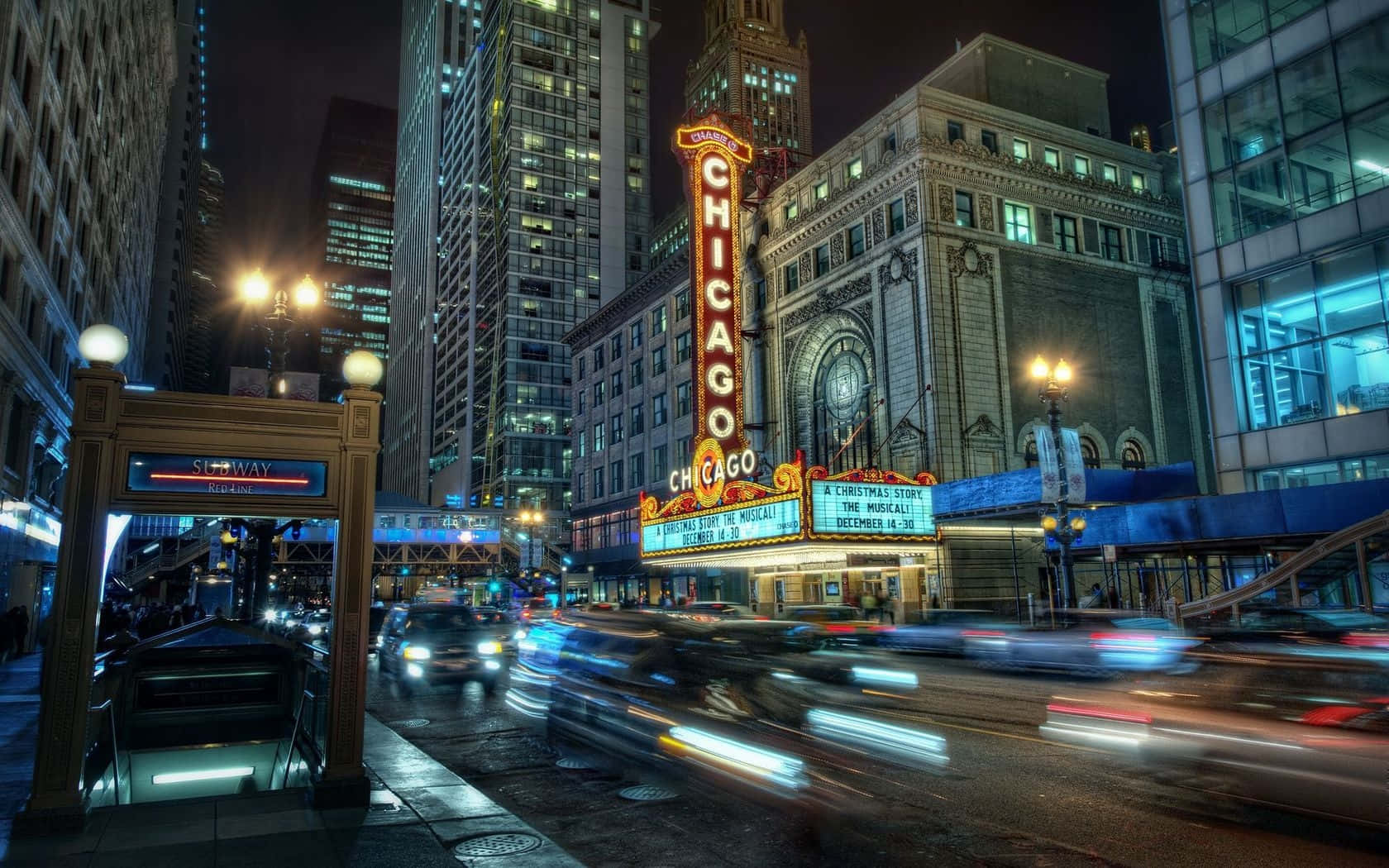 Oplyse nattens himmel, byen Chicago i al sin pragt. Wallpaper