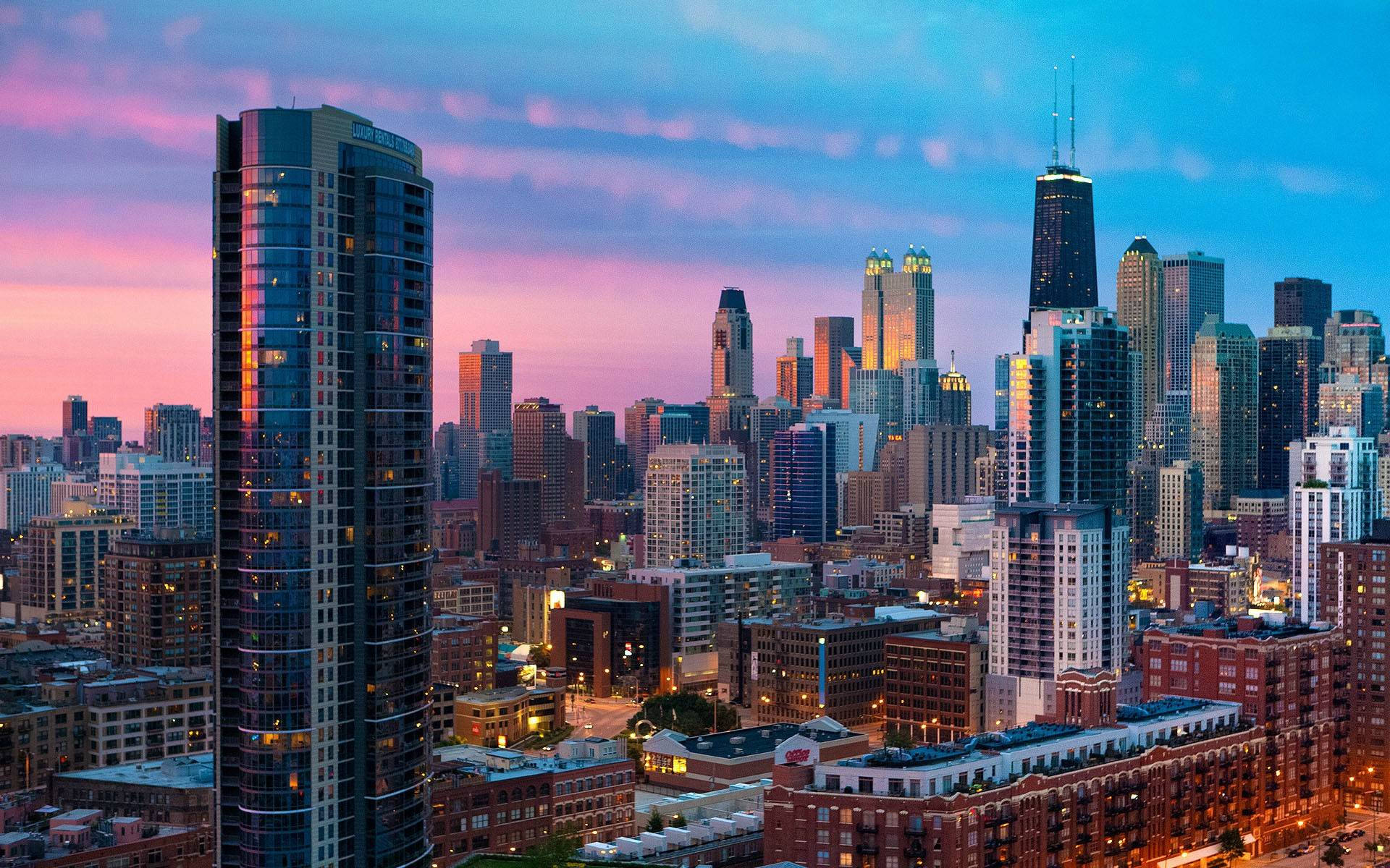Chicago During Sunset American City Background Wallpaper
