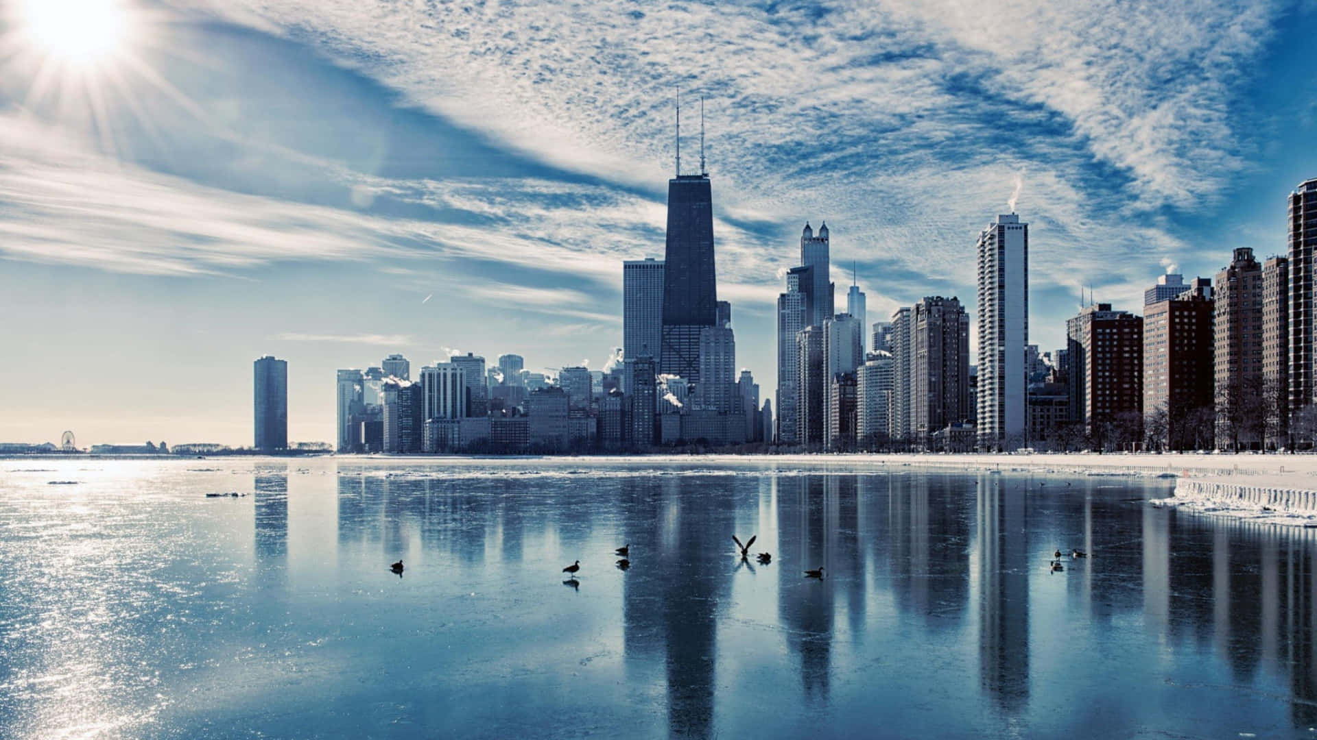 Horizontede Chicago Reflejado En Un Lago