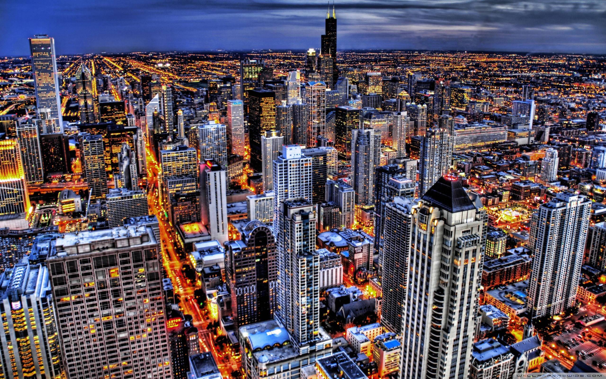 Chicago Skyline At Night American City Wallpaper