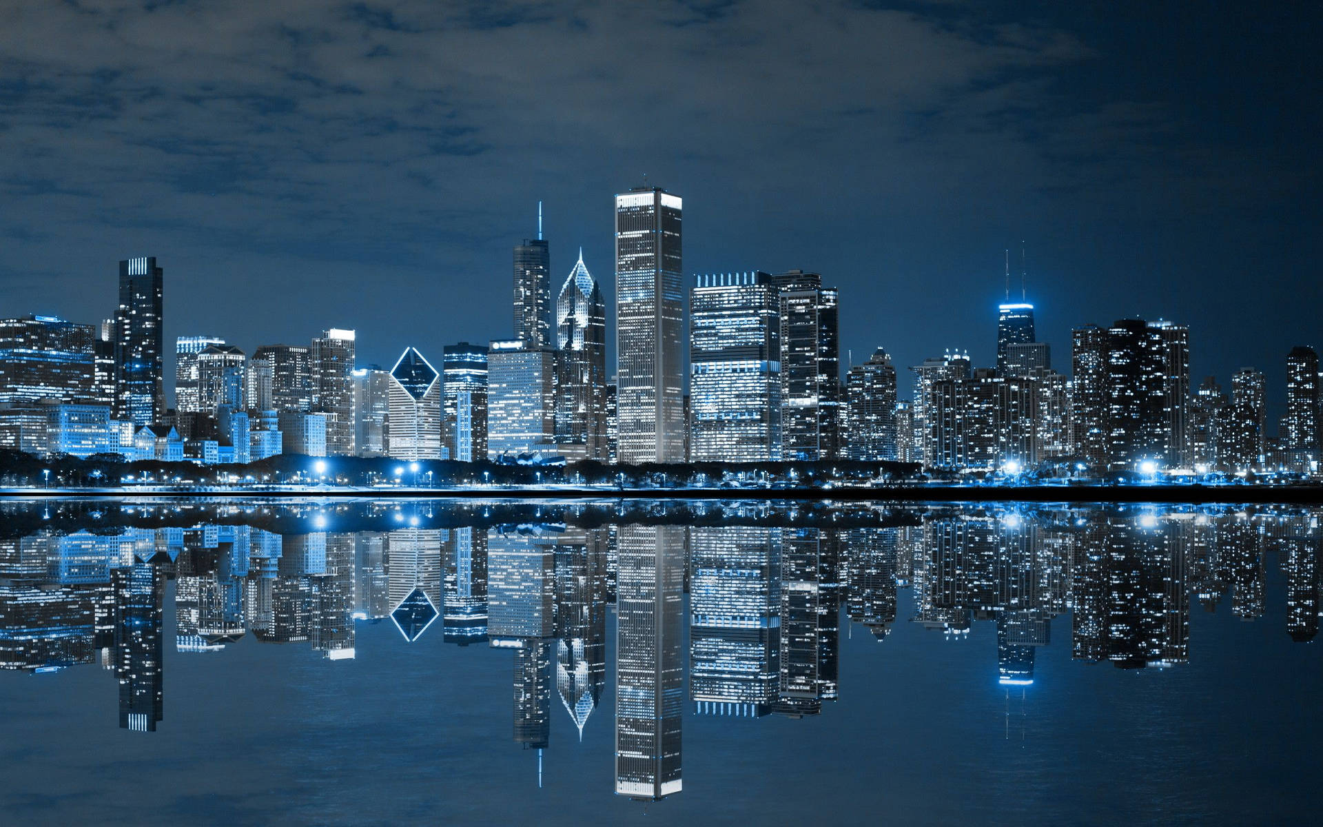 Chicago Skyline In Blue Lights Wallpaper