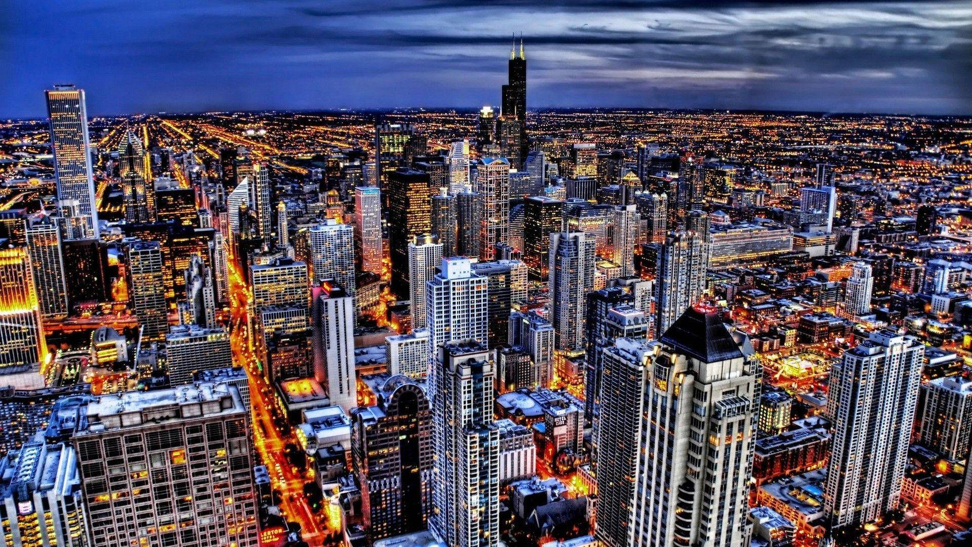 Chicago Skyline Natlige Luftfotos Perspektiv Tapet: Wallpaper