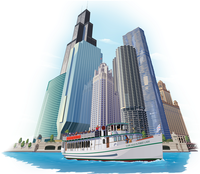 Chicago Skyscrapersand Tour Boat Illustration PNG