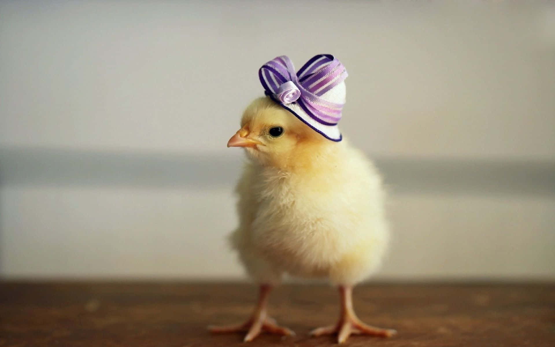 A Small Chicken Wearing A Purple Bow Hat