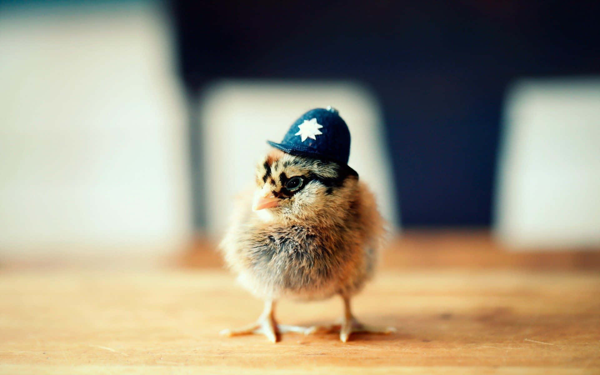 A Chicken Wearing A Police Hat On A Table