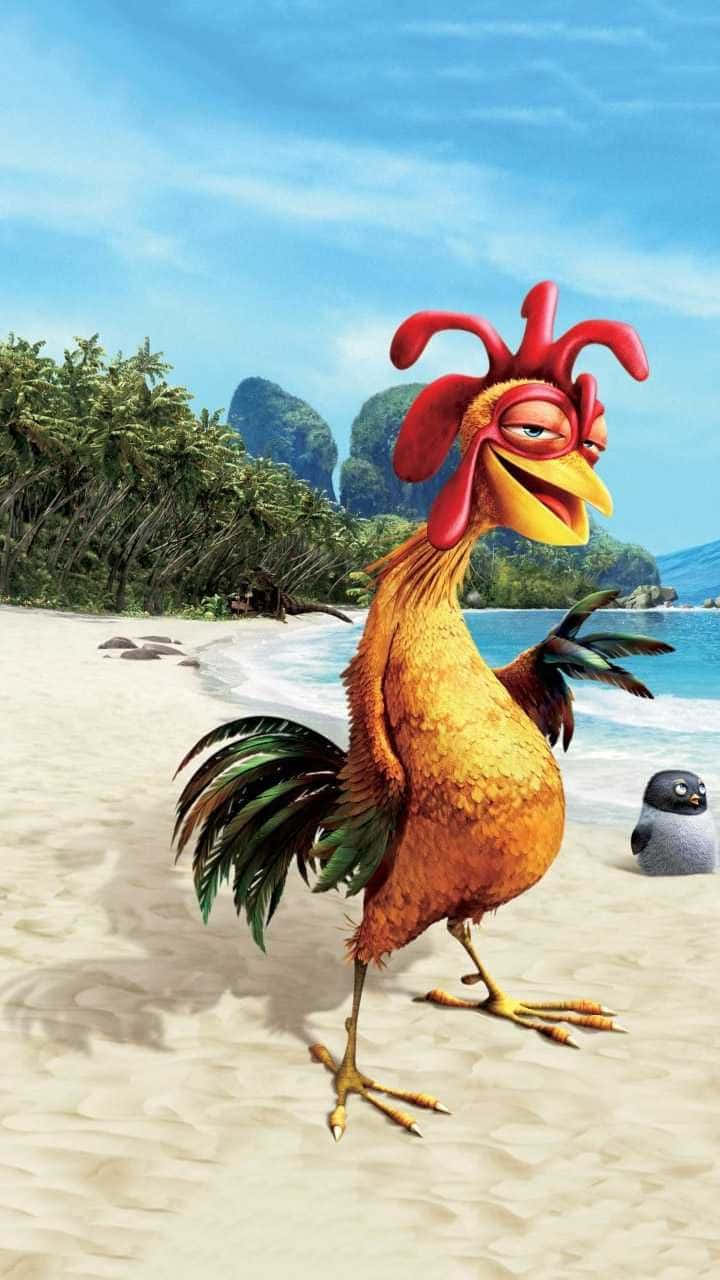 Chicken Joe Surfing Up Beach Scene Wallpaper