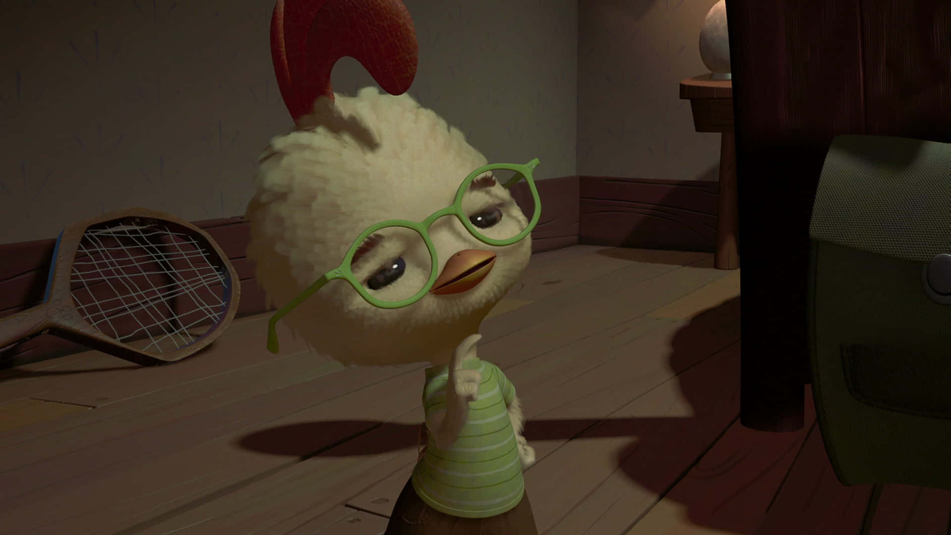 A Chicken In Glasses Is Standing In A Room