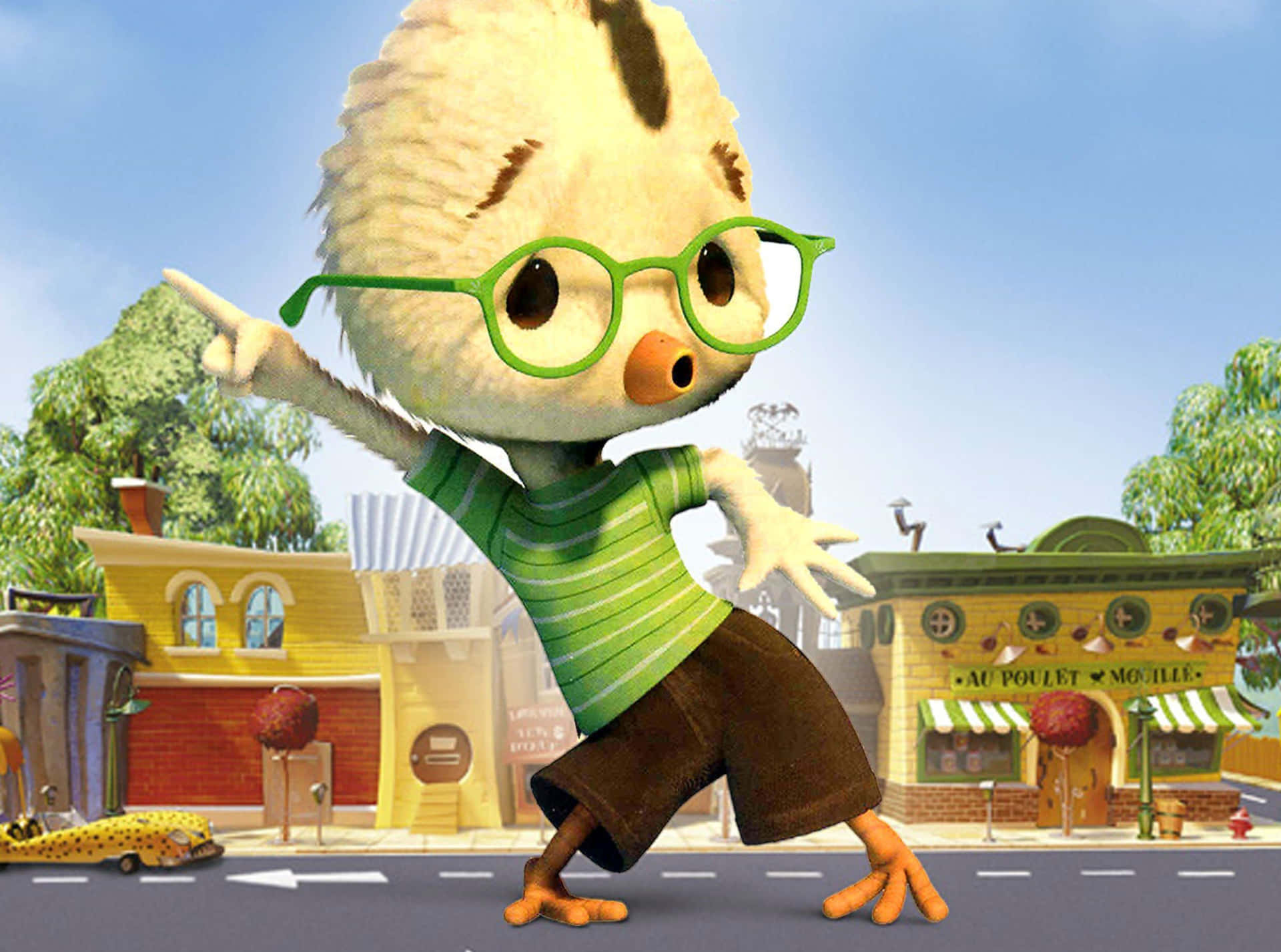 A Cartoon Bird In Glasses Is Standing On A Street