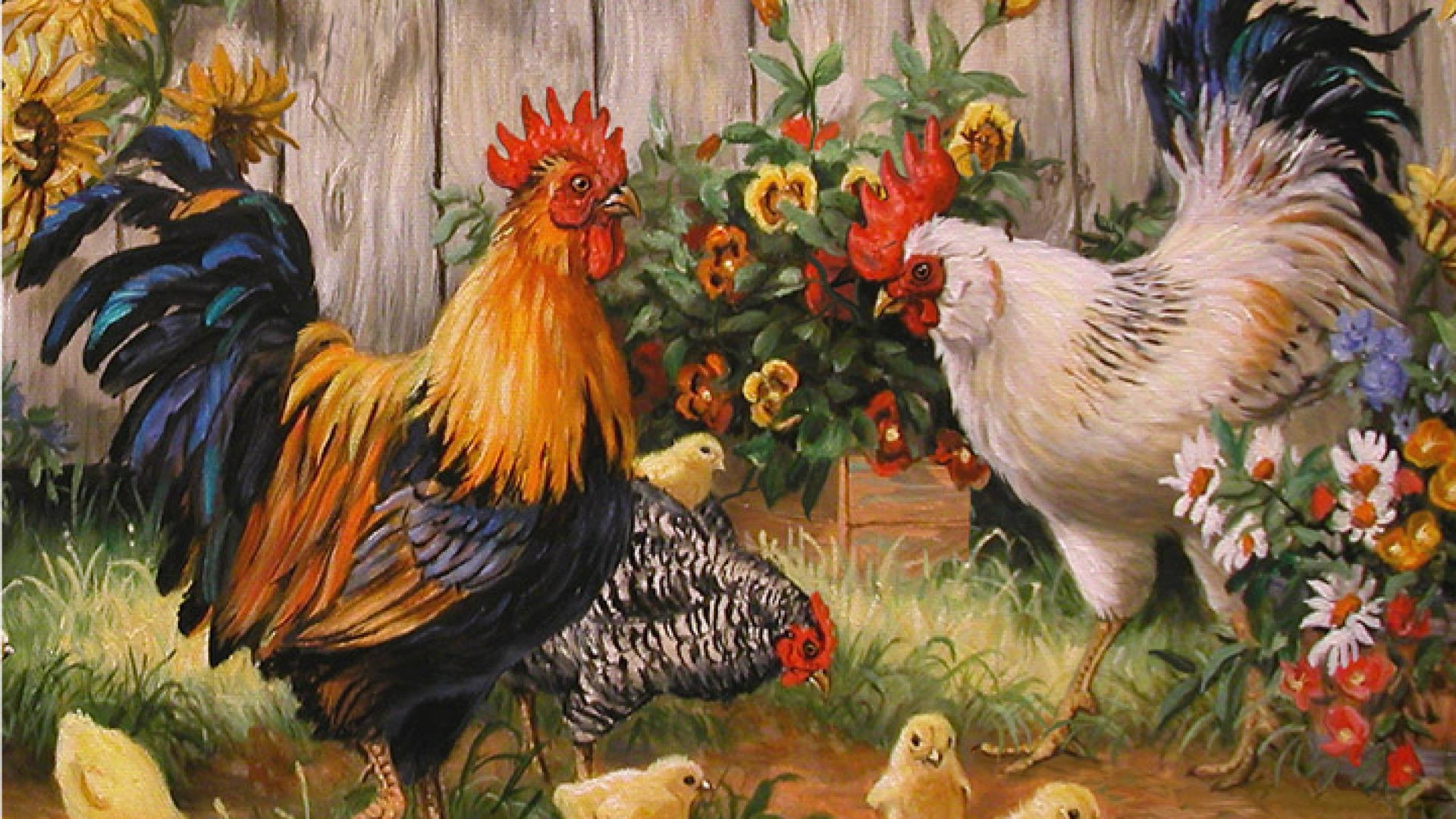 Pinturade Una Familia De Gallinas Y Gallos. Fondo de pantalla