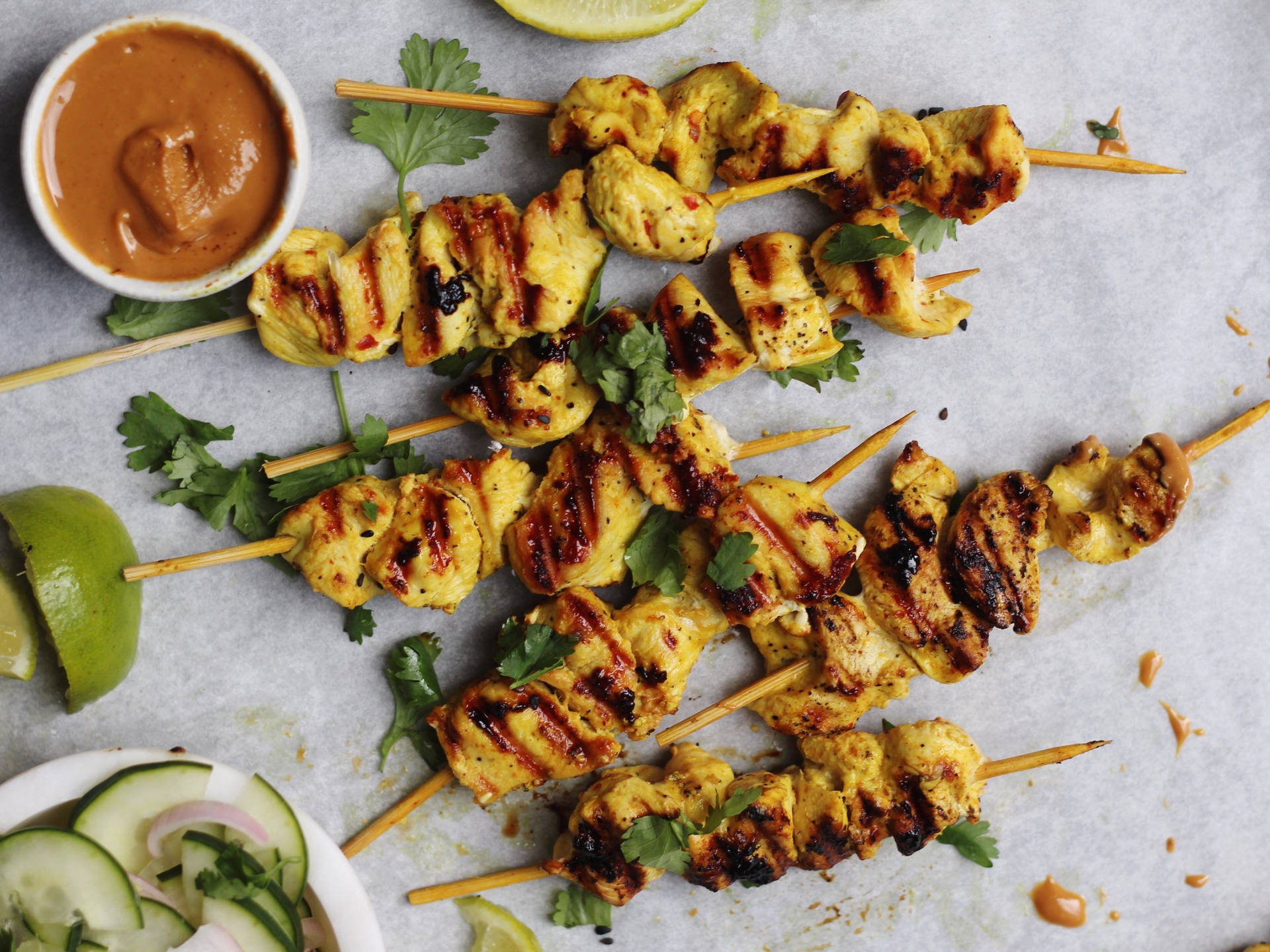 Chicken Satay Asian Dish On Baked Parchment Paper Wallpaper
