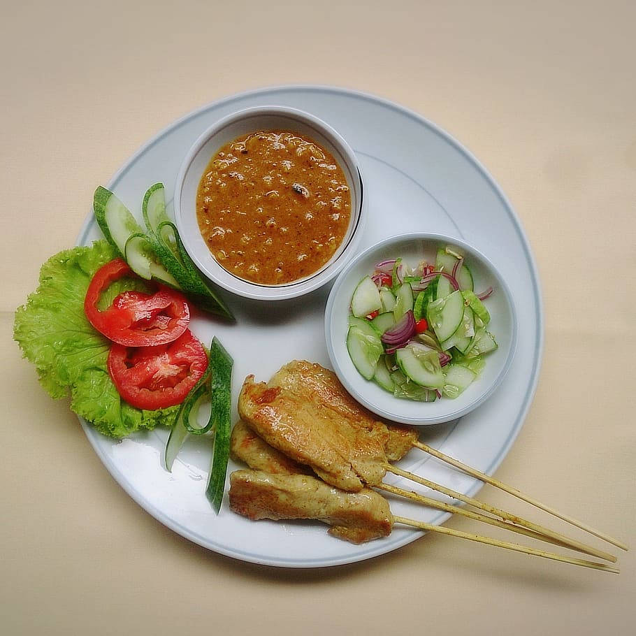 Chicken Satay Asian Dish With Peanut Dipping Sauce Wallpaper