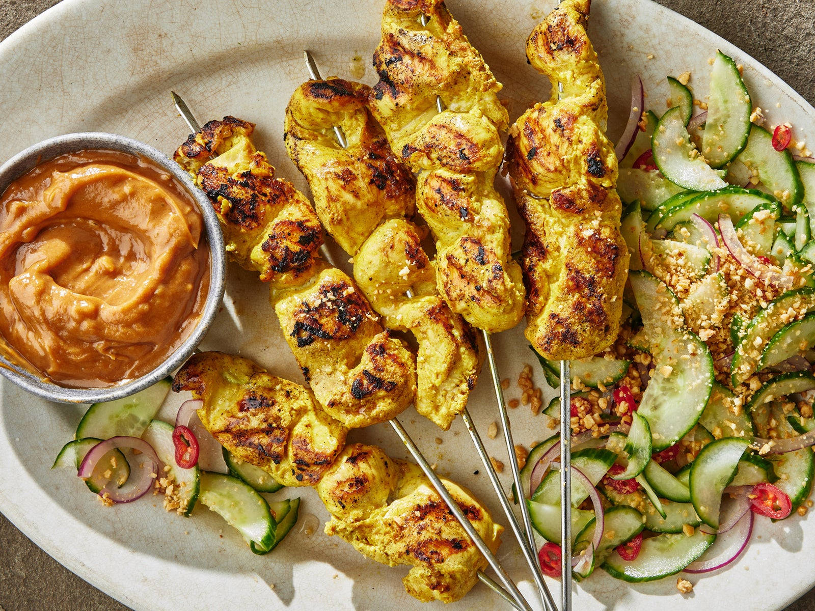 Chicken Satay With Peanut Sauce And Cucumber Salad Wallpaper