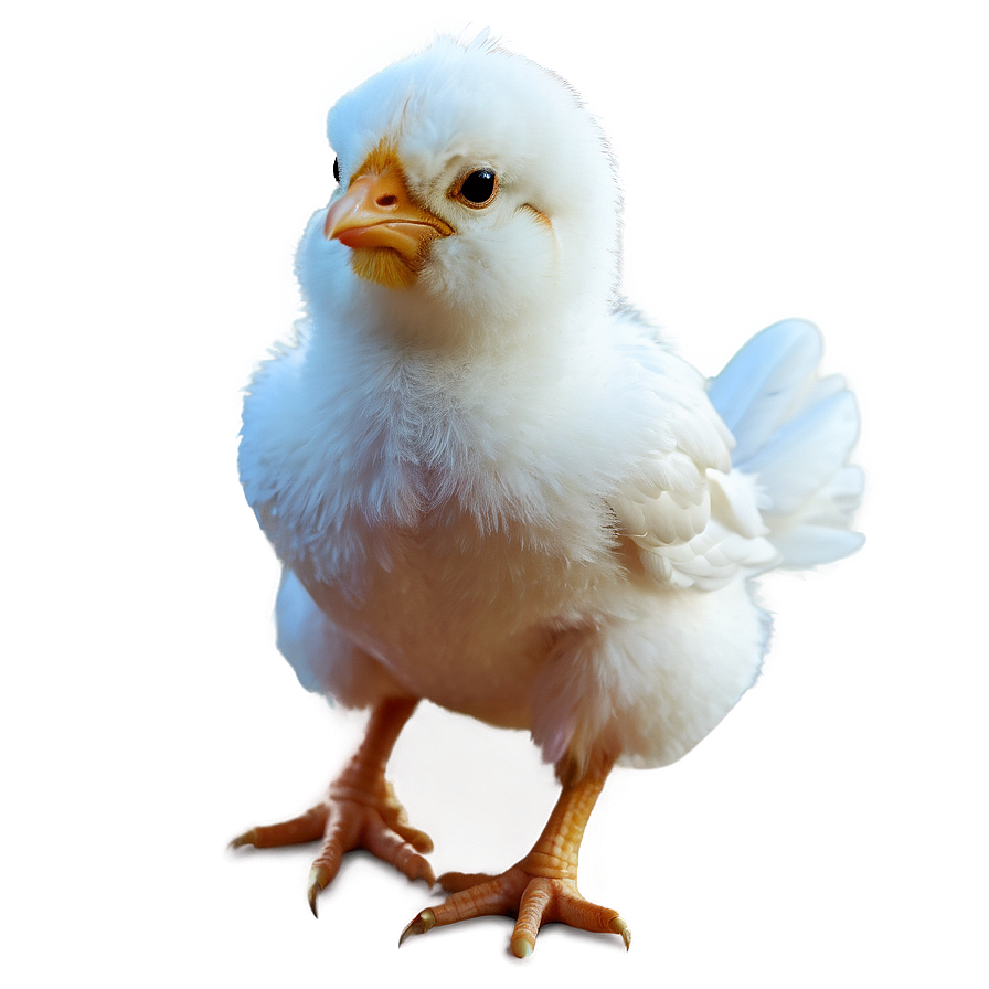 A fluffy white baby chick with orange beak and feet standing on a gray surface with a glowing halo.
