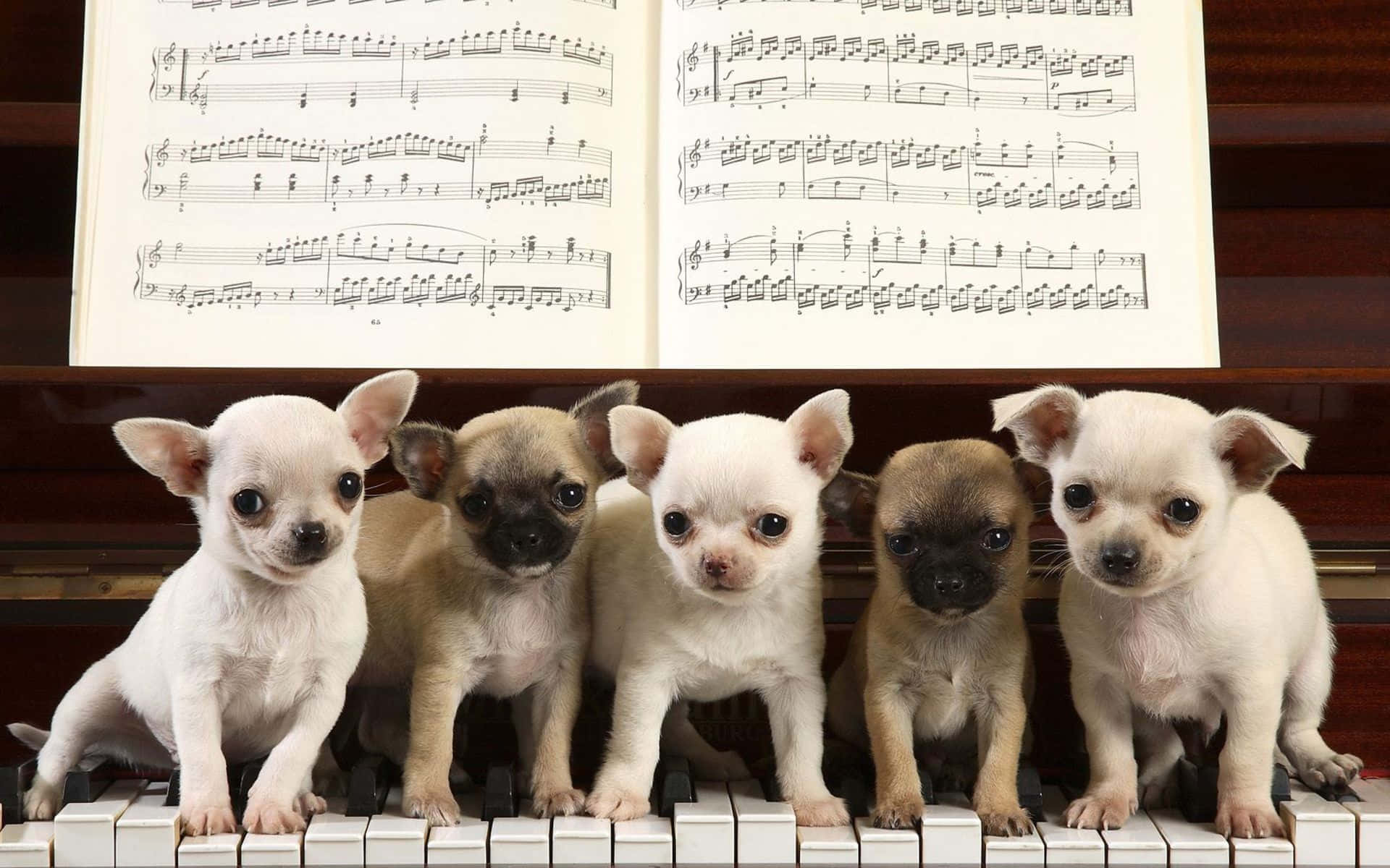 Five Chihuahua Puppies Standing Next To A Piano