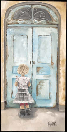 Child Before Old Blue Door Painting PNG
