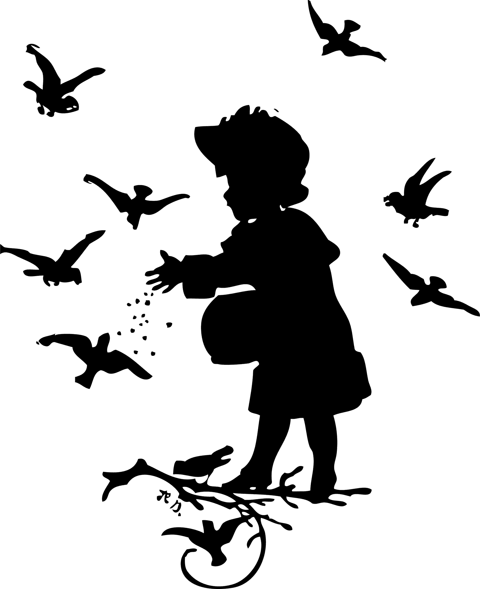 Child Feeding Birds Silhouette PNG