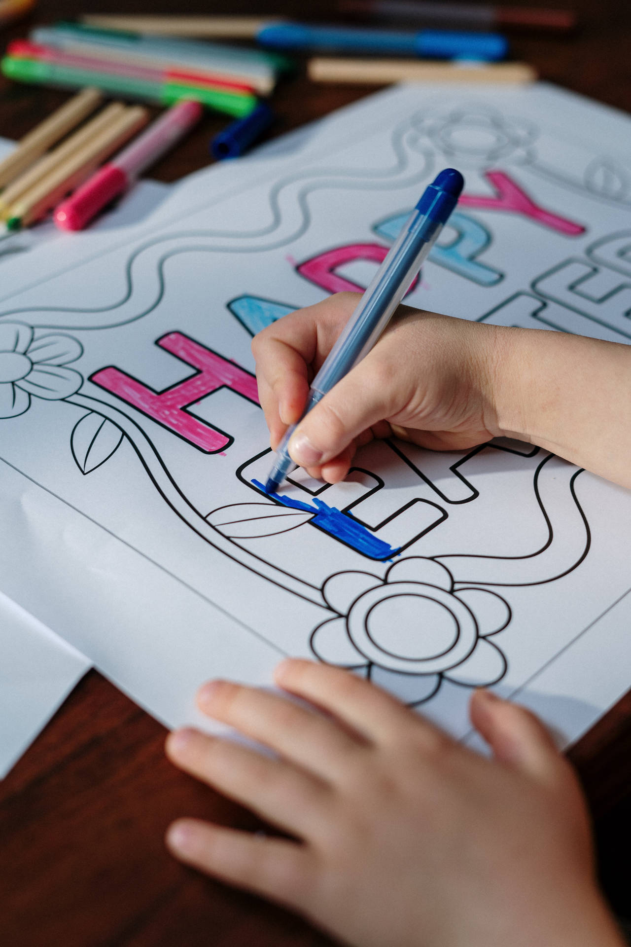 Child Hands Coloring Happy Easter Banner Wallpaper