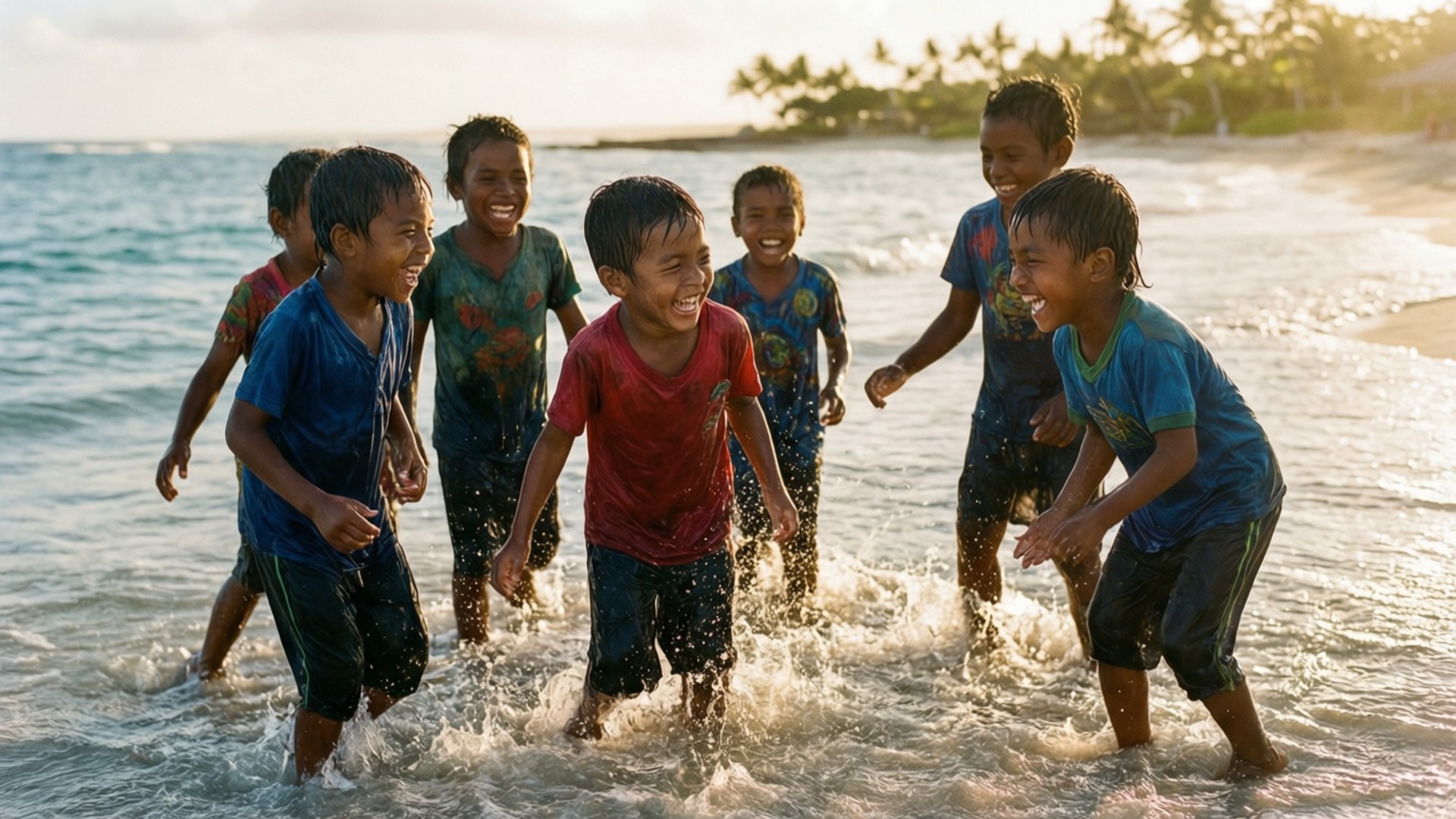 Glade barn som leker på Kiribati-stranden