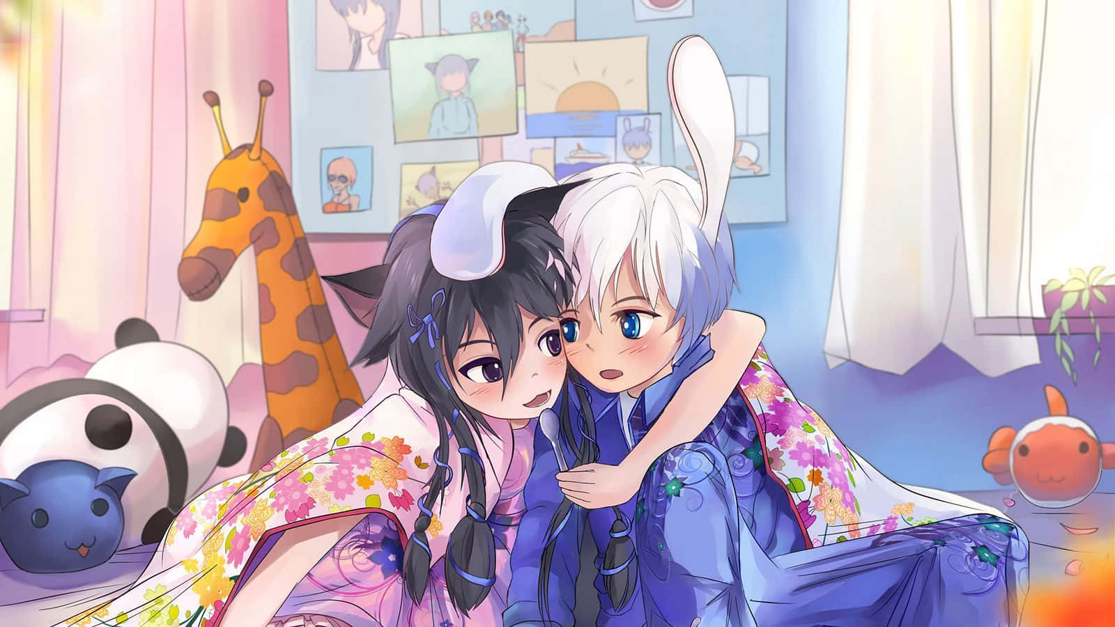 Two Anime Characters Hugging In A Room