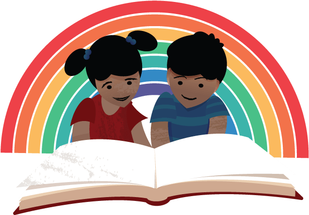 Children Reading Under Rainbow PNG