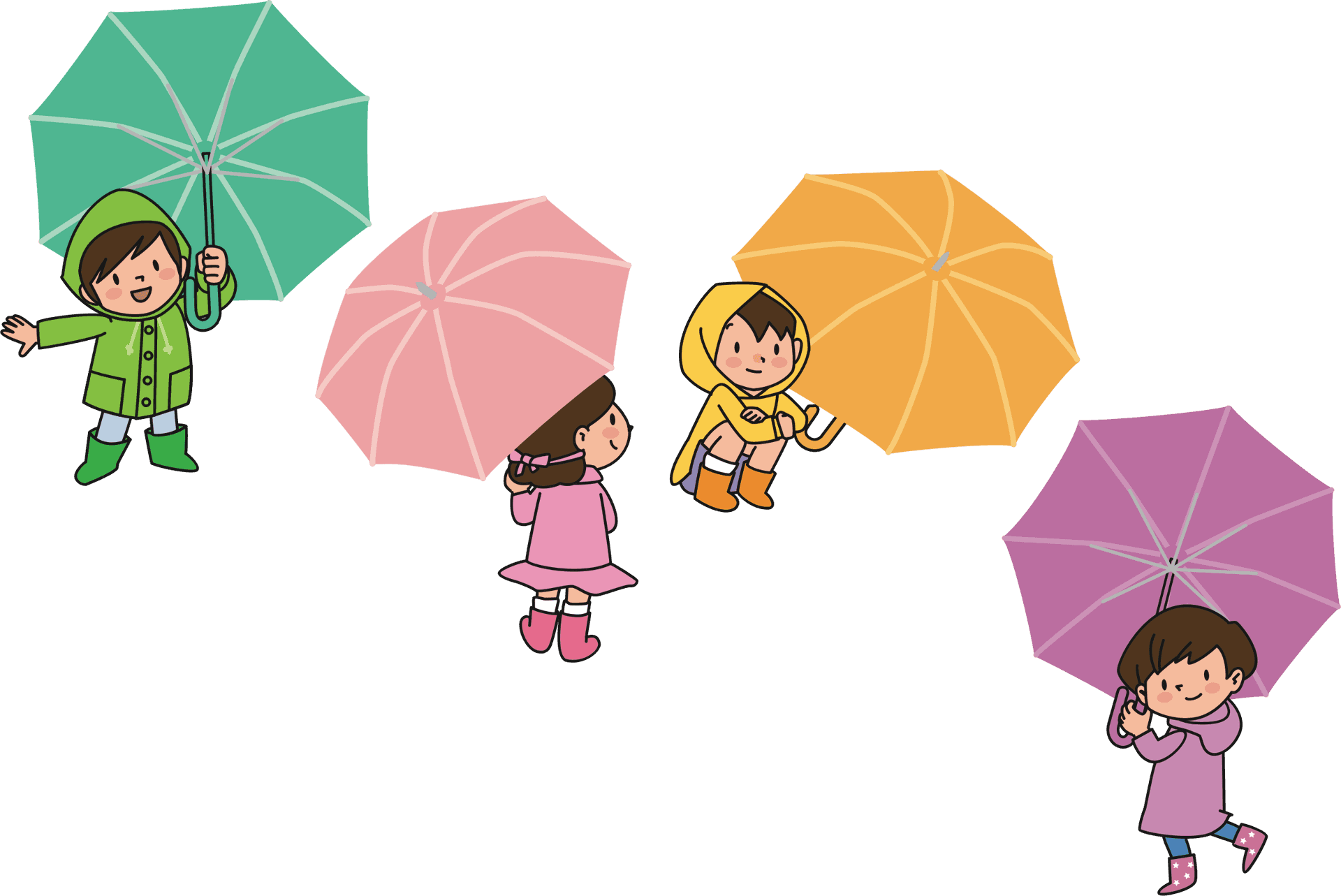 Children With Umbrellas Cartoon PNG