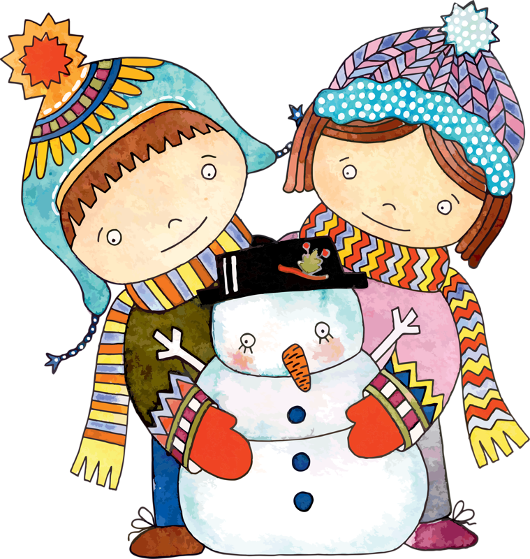 Childrenand Snowman Winter Clipart PNG