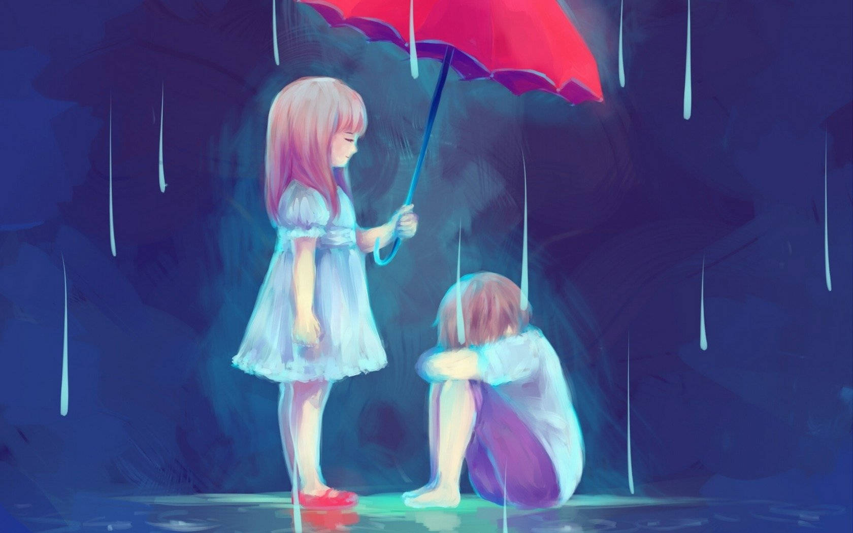 Enflicka Och En Pojke Står I Regnet Med Ett Paraply Wallpaper