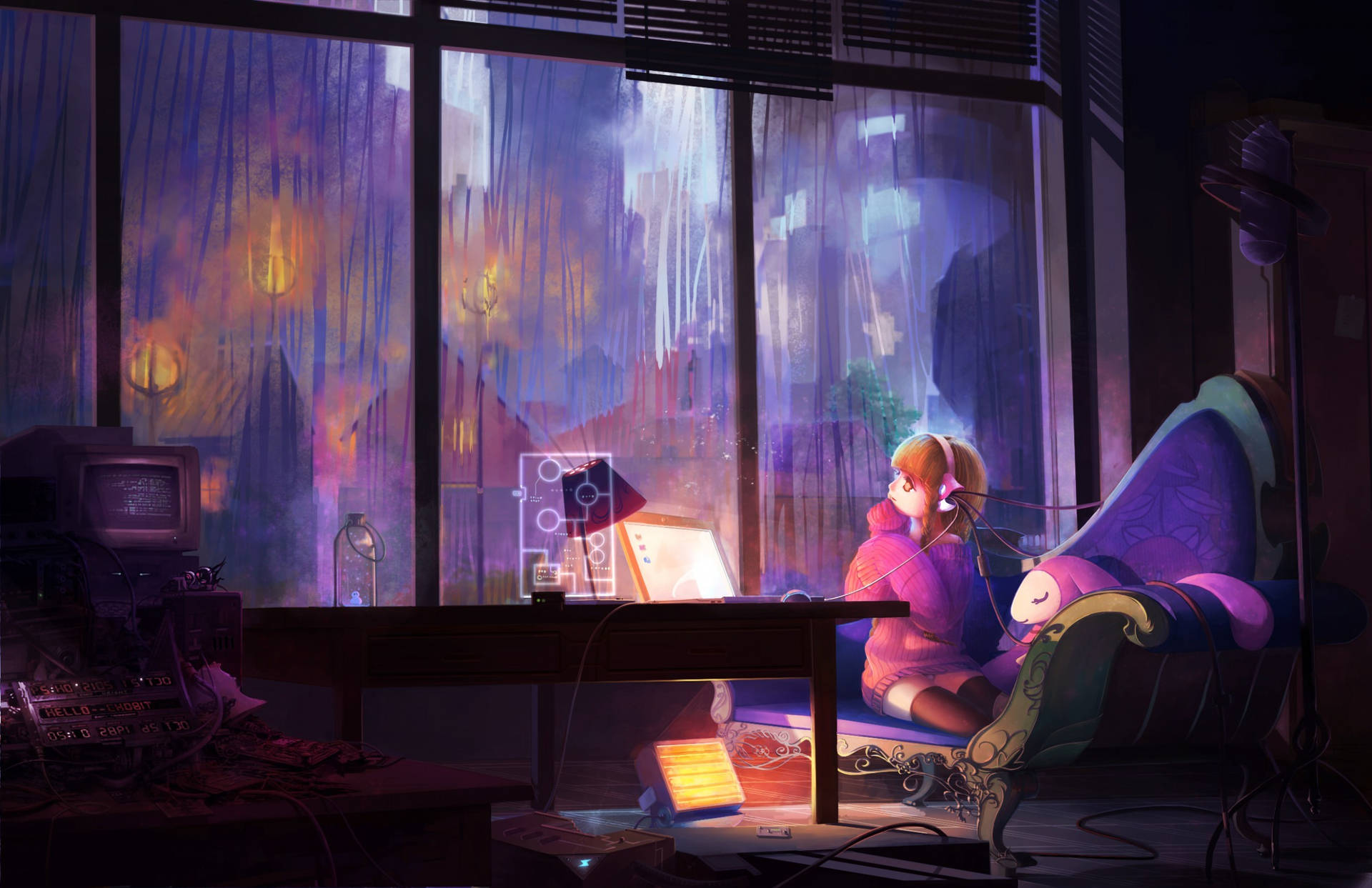 Einmädchen Sitzt Vor Einem Fenster Mit Einem Laptop. Wallpaper